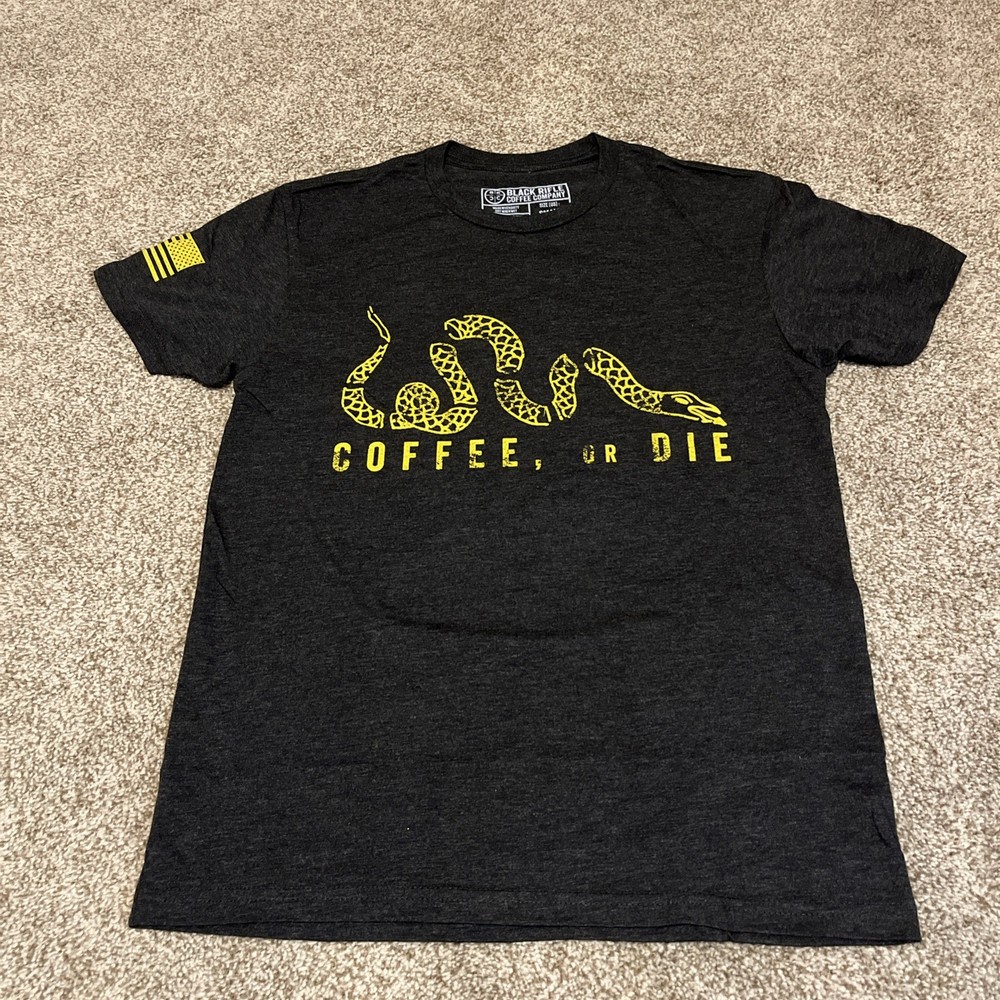 Black Rifle Coffee or Die Mens Shirt Size Small Snake Black Yellow Flag 🇺🇸