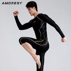 AMORESY Men Glossy Satin Oil Long-Sleeve Fitness T-Shirt Round Neck Running Tops