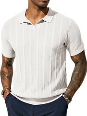 Mens V-Neck Knit Polo Shirt Textured Lightweight Breathable Summer Casual Top