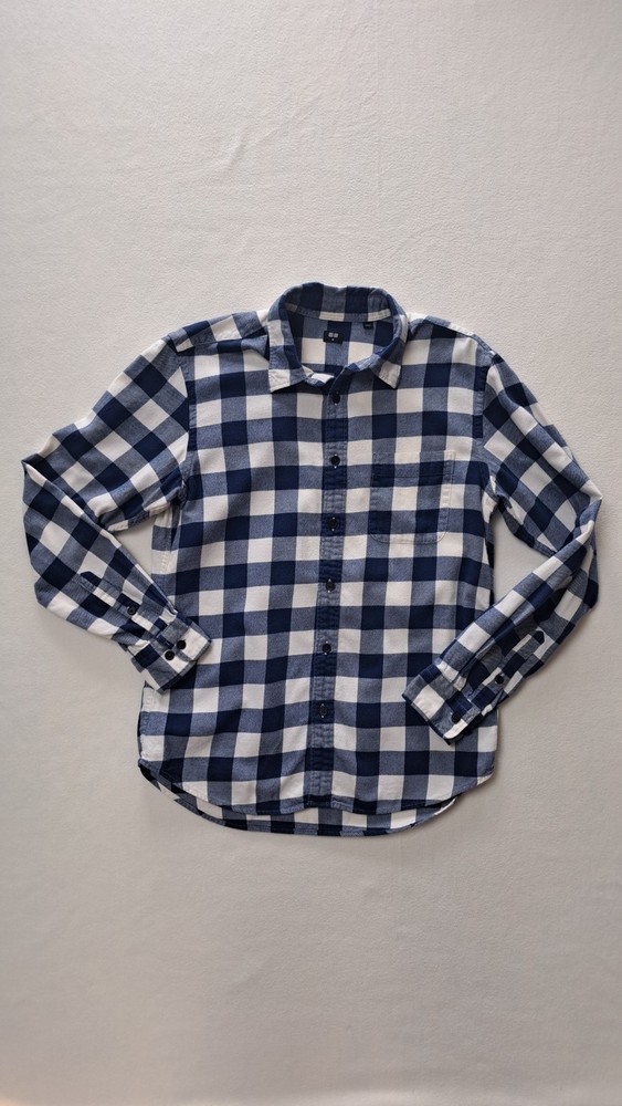 Uniqlo Flannel Shirt Mens M Blue White Buffalo Check Long Sleeve Button Down