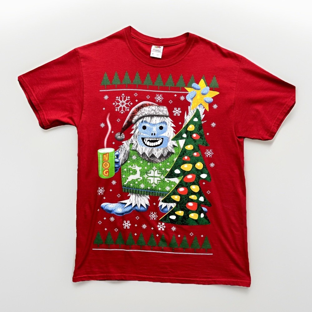 Abominable Snowman Christmas Shirt Mens Medium Egg Nog Tree Snow Spirit Red