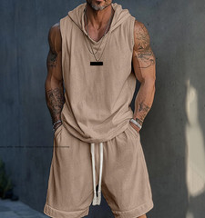 Summer Men Workout Hooded Sleeveless Tops and Shorts set Training Casual Outfits