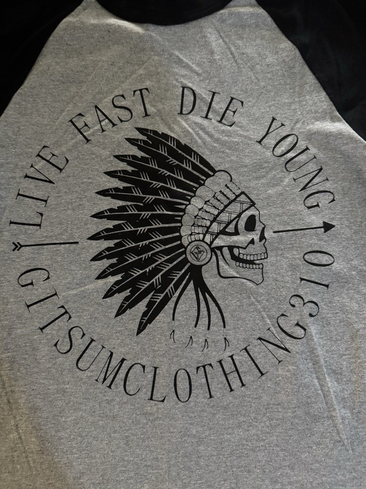 Men’s 3/4 Sleeve BB T- Indian Design “Live Fast, Die Young” Black & Gray size 2X