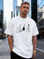 Cat and Guitar Shadow Graphic 100% Cotton Men’s T-Shirt for Daily Streetwear