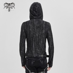 Devil Fashion Men Black And Gray Striped Gothic Asymmetric Hooded T-Shirt Tops