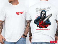 Milwaukee Tools Ghost Face With Chainsaw 2 Sided Unisex Tee–Halloween Character