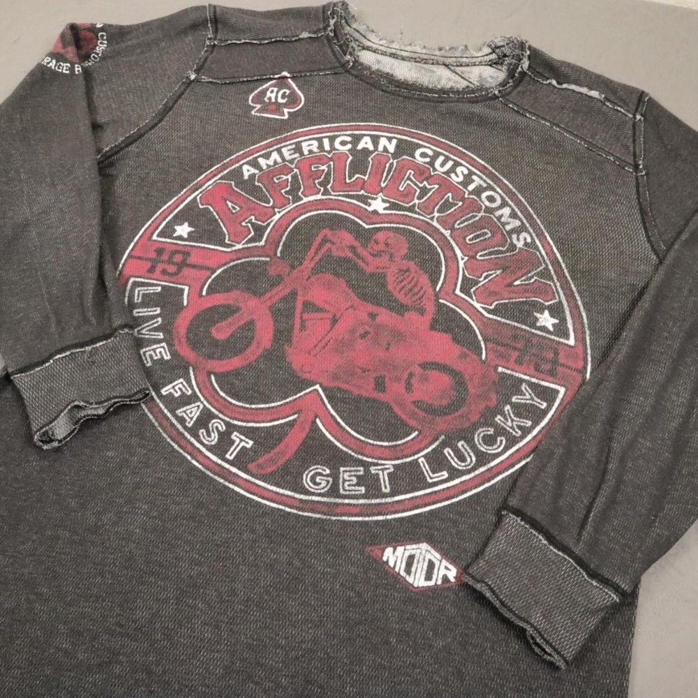 Affliction Thermal Shirt Mens XL Gray Fast Biker Motorcycle Skull Reversible