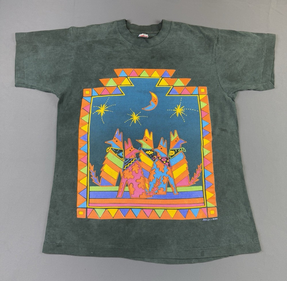 Rare Vintage 80s 1989 Arizona Coyote Art Black Faded FOTL Large Single Stitch T