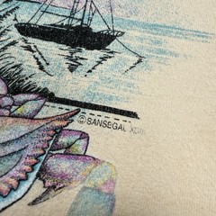 Vtg 90s Chesapeake Bay Virginia Anvil Mens Shirt L Beige Dock Nature Scene USA