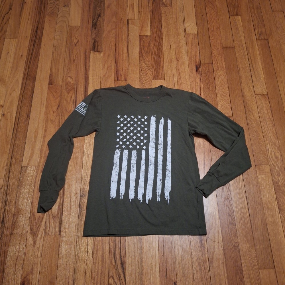 Rothco Shirt Mens Small Olive Green Long Sleeve Military Grunt Flag Veteran