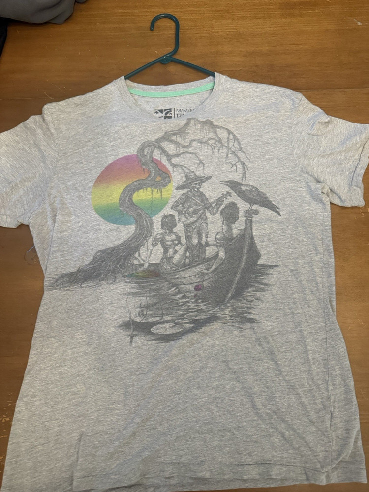 2012 Quiksilver Graphic T Shirt Mens M Gray Rainbow Surreal Boat Snake Crow Tee