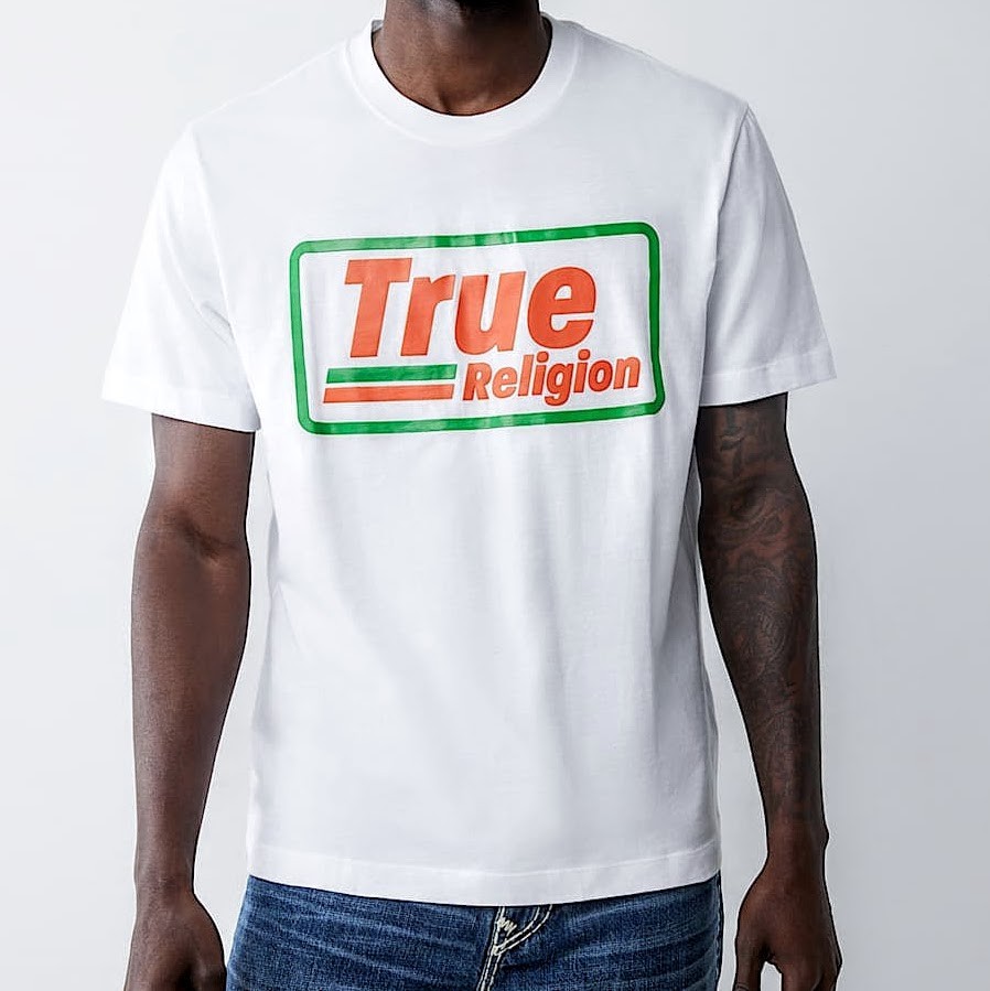 True Religion T-Shirt Men’s 2XL White Orange Green Jeans Retro Gas Box Logo NWT