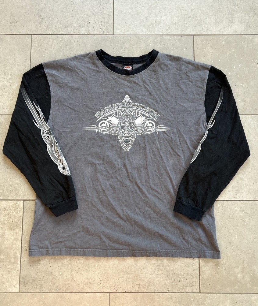 Vintage Harley Davison Two Tone Tribal Motorcycle Biker Long Sleeve Tee Shirt XL