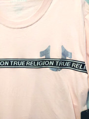 True Religion Foil Taping Men’s TEE Dull Pink Size Large Metallic Logo Stretch