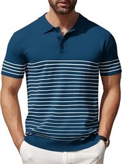 Men’s Striped Knit Polo Shirt Lightweight Short Sleeve Casual Collared Golf Tee