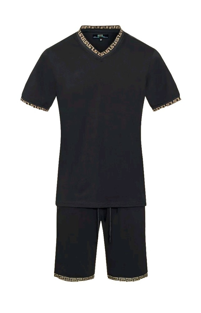 Men’s Italian fashion Black Short Sleeves T-shirt/short Set Greek Key V neck