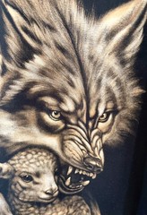 Hand Painted T-Shirt Wolf and Lamb Bleach Art Unique Handmade Size XL