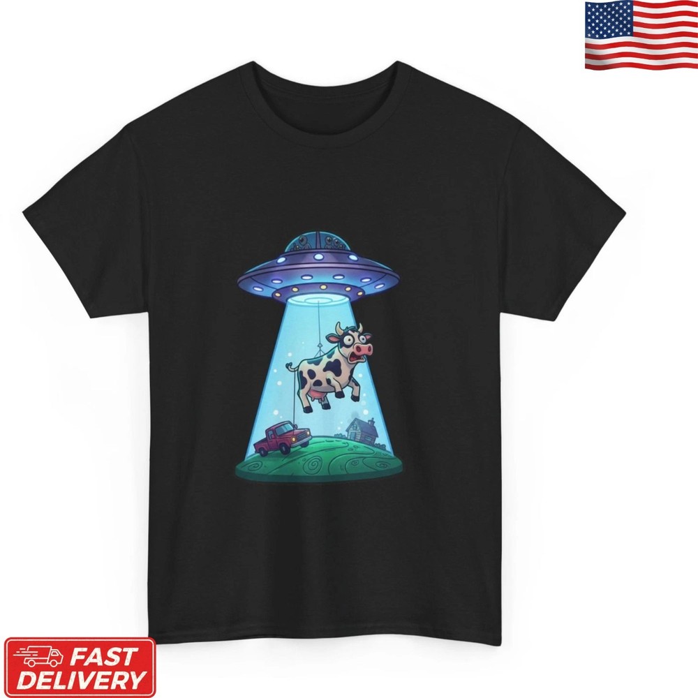 Funny Alien Cow UFO Abduction T-Shirt Space Farm Graphic Unisex Tee