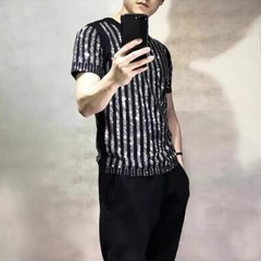 New Men Luxury Diamond Rhinestones Fashion Black T-Shirt High Quality