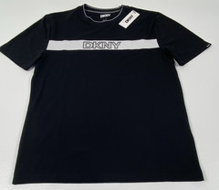 DKNY Sport Black/White Logo Stripe Crew Neck Short Sleeve T-Shirt Size S.