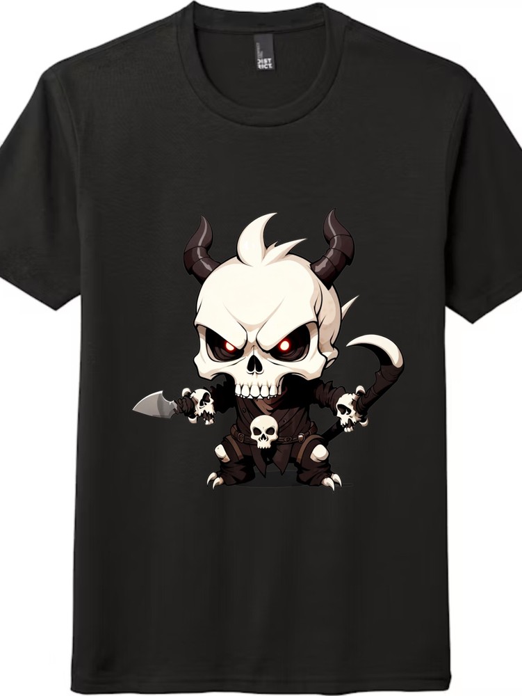 Chibi Horned Skull Reaper Red Eyes Scythe Knife Gothic Unisex Cotton Graphic Tee