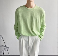 Men’s T-shirt Candy Color Thin Round Neck Loose Long Sleeve Tops Casual Pullover