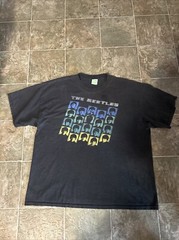 Vtg. THE BEATLES XL Black T-shirt John Paul George Ringo Faces Colorful Square