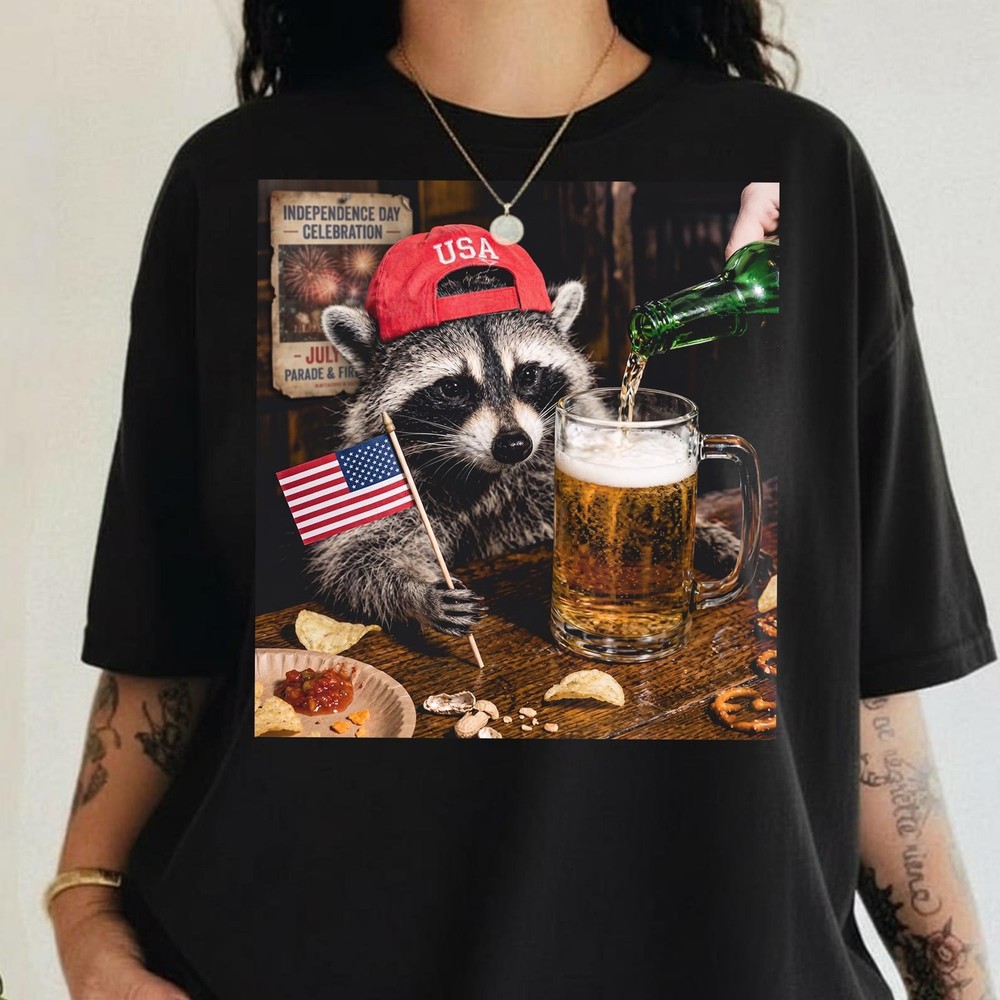 Funny Raccoon Beer Shirt Patriotic USA Trash Panda 4th of July Tee