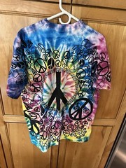 Vintage Fruit of the Loom Single Stitch USA L/XL 48” Tie dye Peace Signs T Shirt