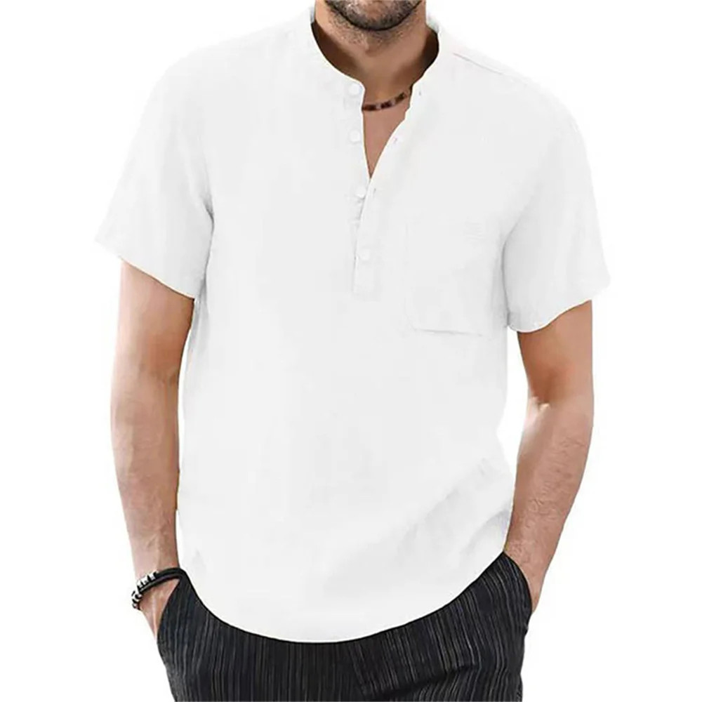 Camiseta Hombre Algodón Lino Manga Corta Color Sólido Verano Cómoda Casual
