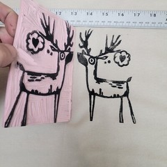 Hand-Printed Southwest Folk Art T-Shirt Cartoon Deer and Tree Lino Cut Print
