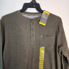 Members Mark Mens Thermal Henley Shirt Olive Green Waffle Knit Long Sleeve Med