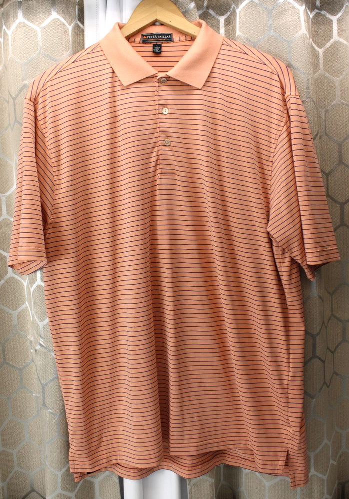 Men’s Size L Peter Millar Summer Comfort Polo Golf Shirt Peachy Orange Striped