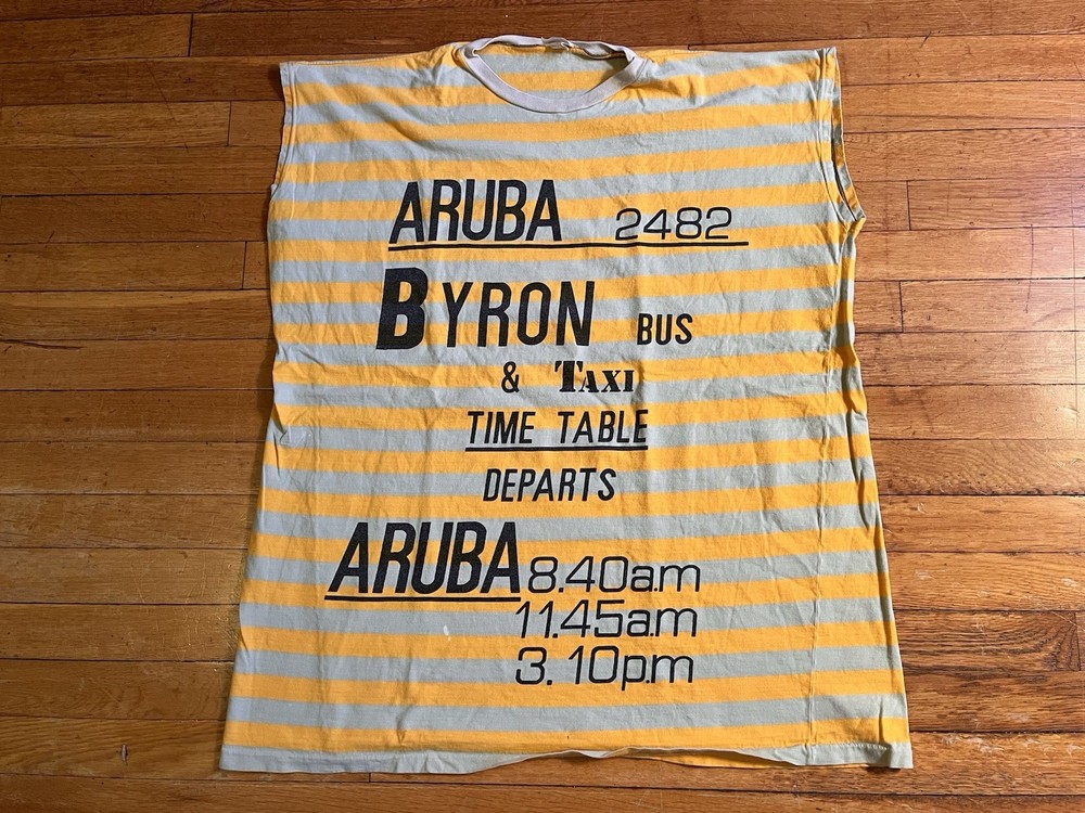 VINTAGE Aruba Byron Bus & Taxi Time Table Sleeveless Shirt Men’s 2XL Striped