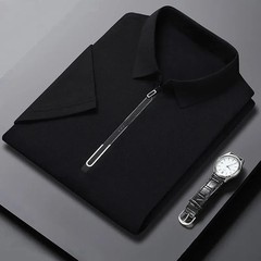 New Men’s Business Casual Zipper Short Sleeve Solid Color Polo Shirt Fashionable