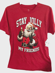 Holiday Time Men’s Size Medium T-Shirt Red Santa Beer “STAY JOLLY MY FRIENDS”