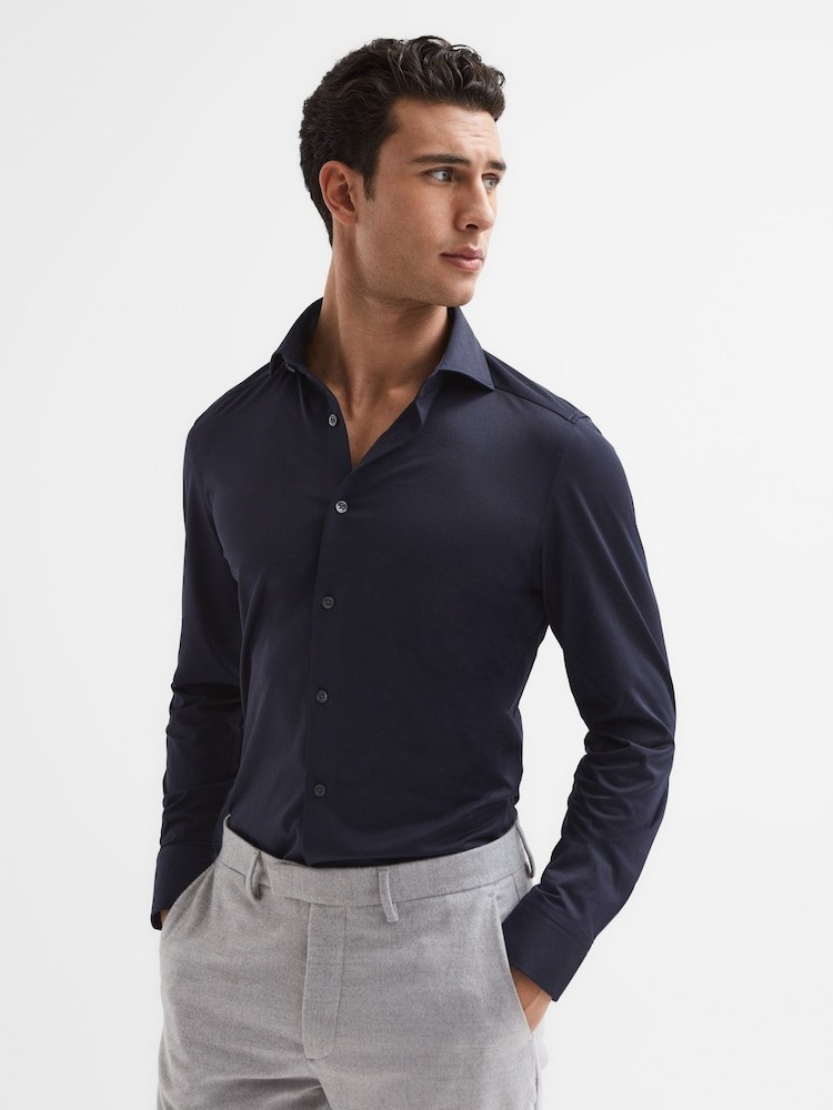 REISS MENS Nate Navy Cutaway Collar Jersey Slim Fit Shirt Top in Navy Size L