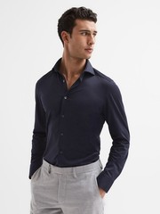 REISS MENS Nate Navy Cutaway Collar Jersey Slim Fit Shirt Top in Navy Size L