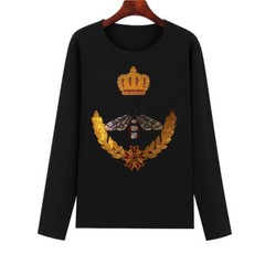 New Men Women Luxury Bee Crown Rhinestones Fashion Black Long Shirt High Quality