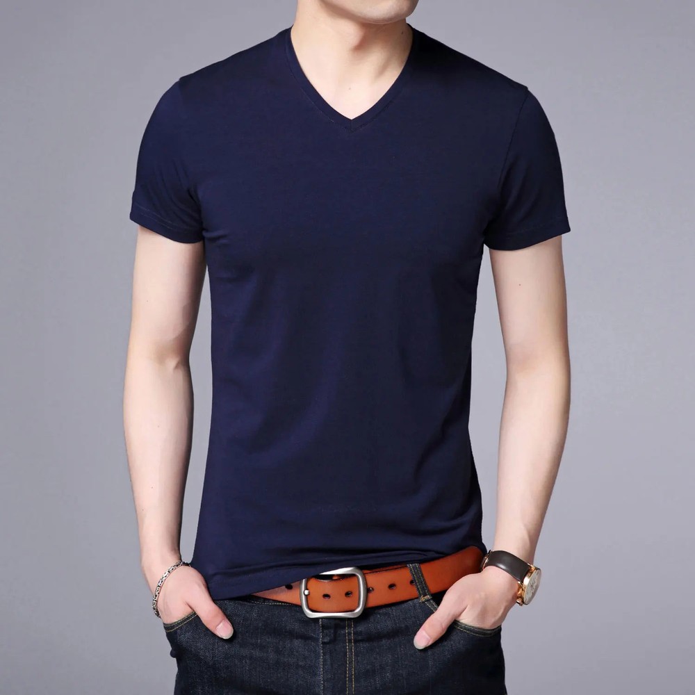 2025 Summer Brand Tops 95% Cotton 5% Spandex t Shirt For Men v Neck Plain Solid