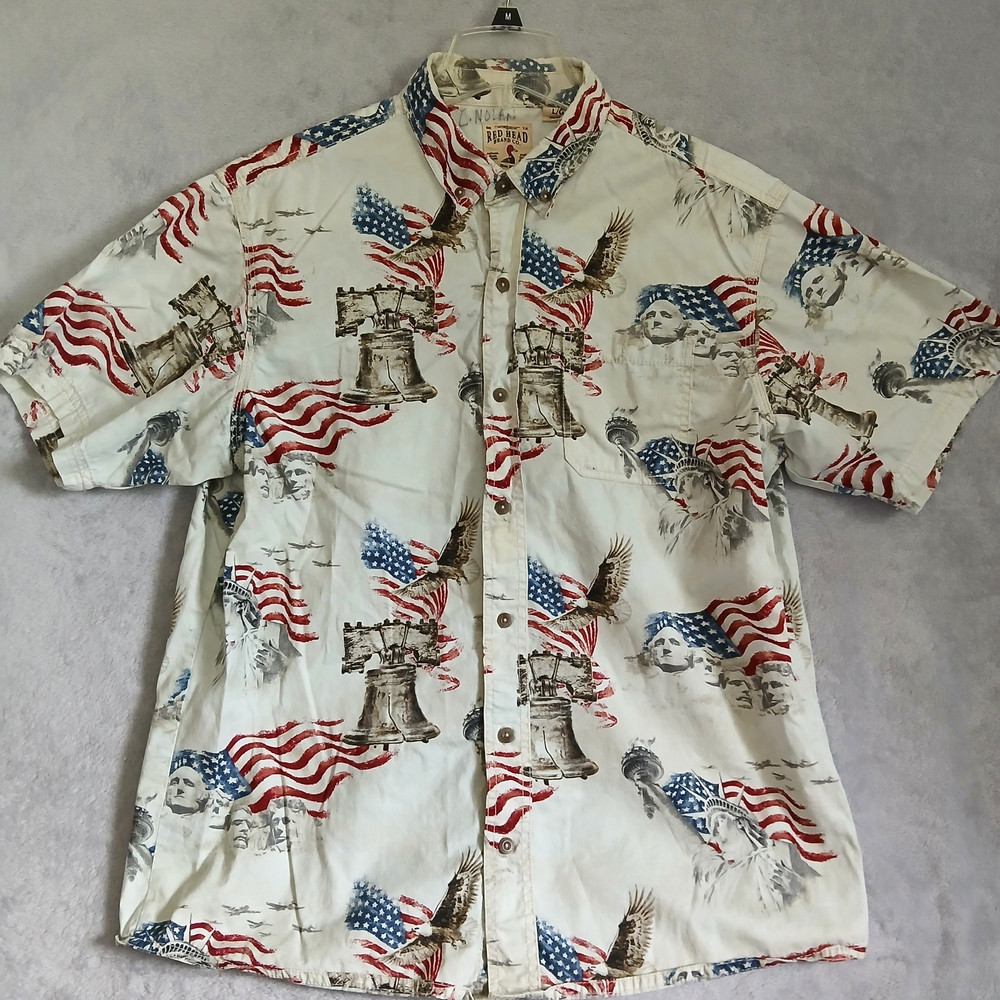 Red Head Men’s Large Patriotic Button Up Shirt American Eagle Liberty Cotton
