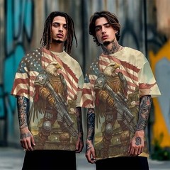 Patriotic Eagle Soldier 3D T-Shirt USA Flag Military Veteran Men Graphic Tee