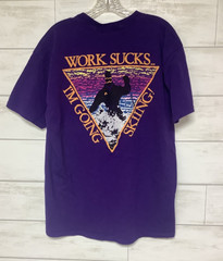 Vtg Lee Big Bear Lake Graphic Tee WORK SUCKS IM GOING SKIING Sz L XL Purple USA