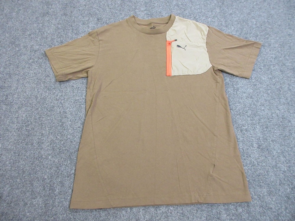 Puma Shirt Mens Small Brown Tan Block Nylon Pocket Outdoor Performance Tee
