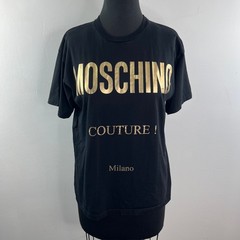 MOSCHINO Couture Black Gold Top Cotton Crew Neck Straight Hem Pullover Size XXS