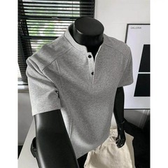American Style Henry Collar Shirt Men’s Summer Splice Mamba Cotton Short Sleeve