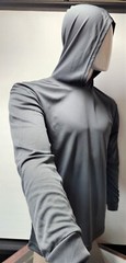 Gray Long Sleeve Shirt With Hoodie, Polyester birdeye mesh fabric