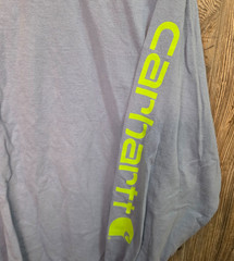 Carhartt K231 HD0 Loose Fit Size Med Gr Sleeve Spellout Logo L/S T-Shirt Lt Blue