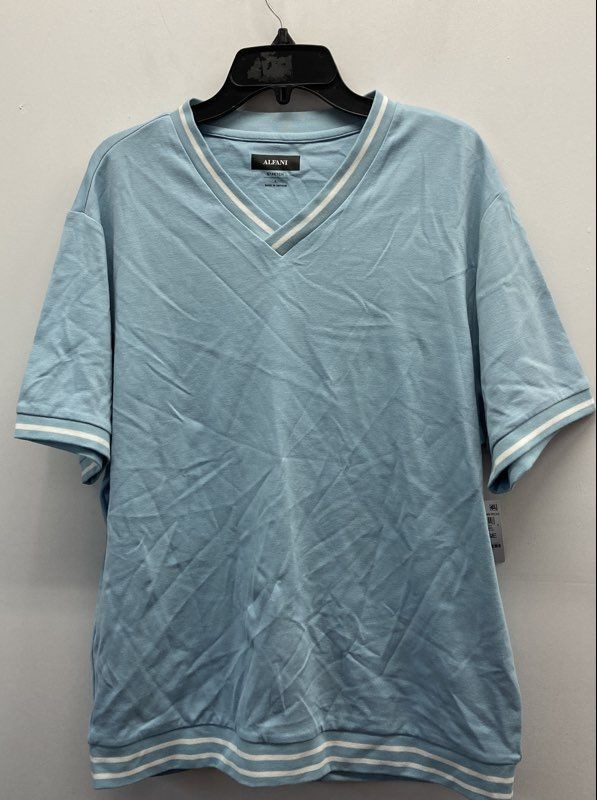 Alfani Men’s Sparrow Blue V-Neck Stretch Short Sleeve Striped Shirt Sz L NWT