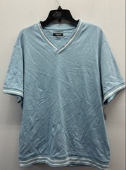 Alfani Men’s Sparrow Blue V-Neck Stretch Short Sleeve Striped Shirt Sz L NWT